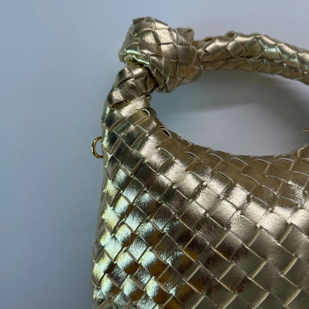 Gold Woven Knotted Handle Crossbody Bag Metallic Hobo Handbag
